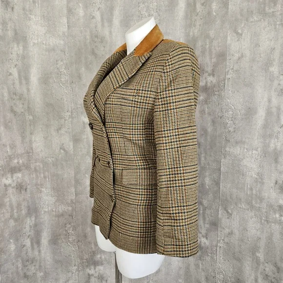 Vintage 80s 90s The Limited Plaid Wool Blend Blazer M Suede Collar‎ Equestrian - Picture 8 of 11